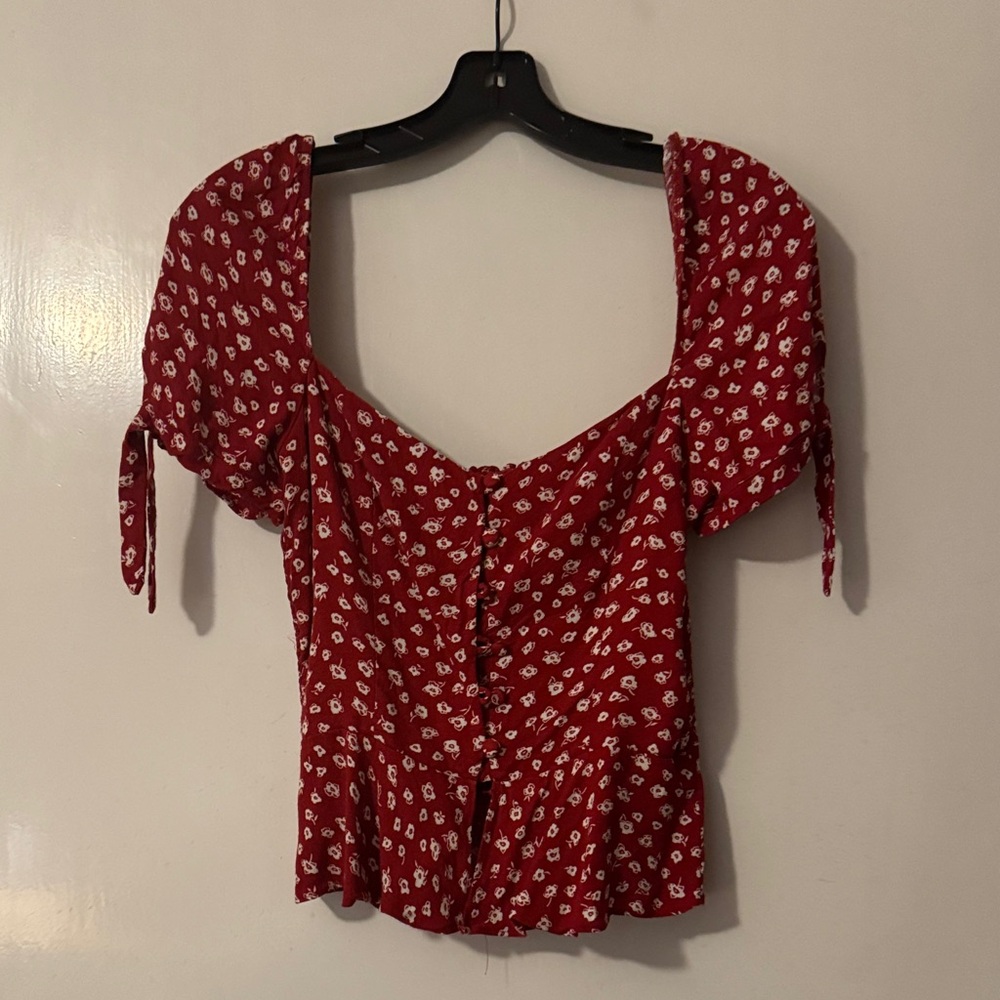 Reformation Red Floral Puff-Sleeve Button-Down Top